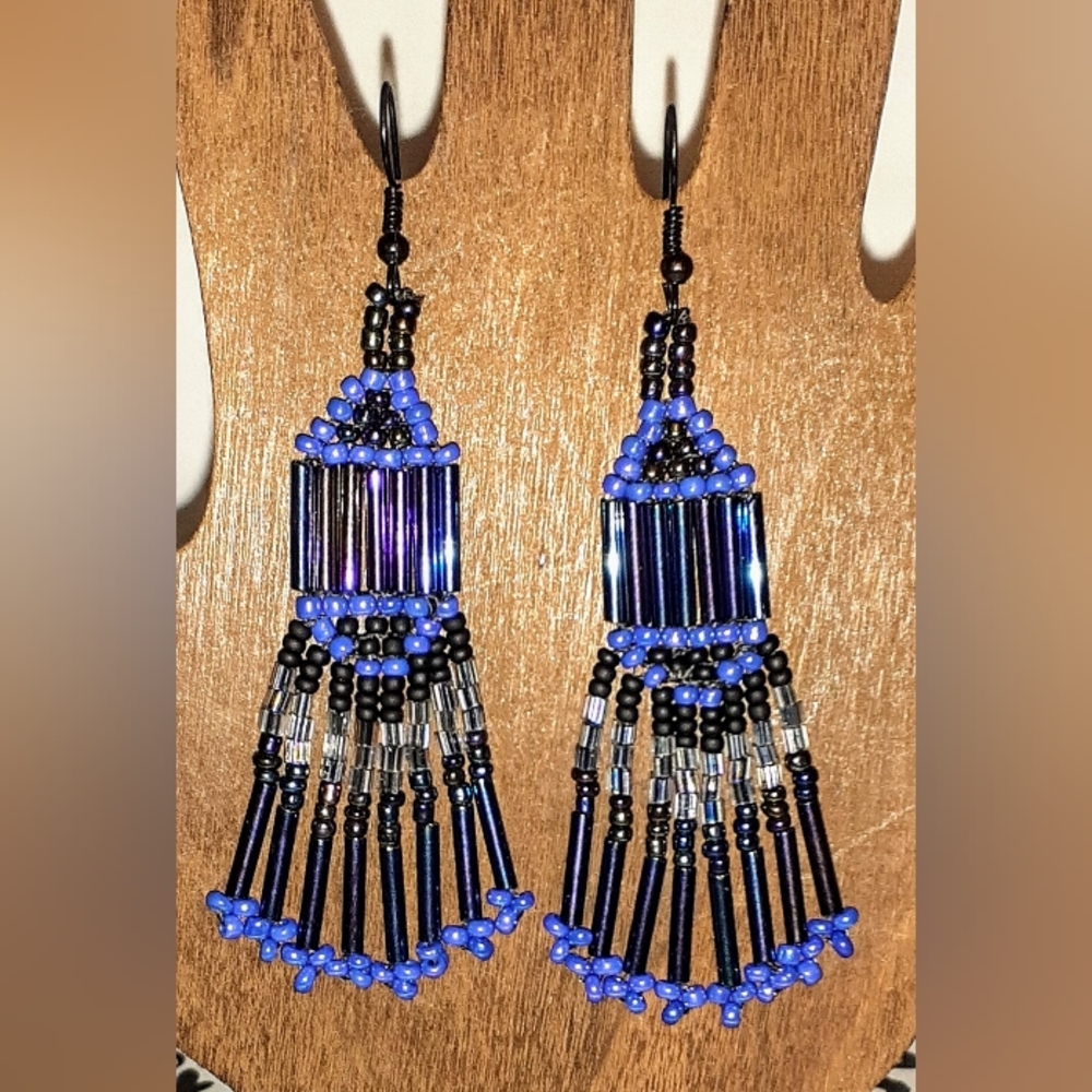 HANDMADE Blue & Black Iridescent Beaded Chandelier Fringe Dangle Earrings - Picture 2 of 7